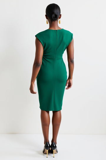 One Shoulder Ruched Green Sheath Work Dress